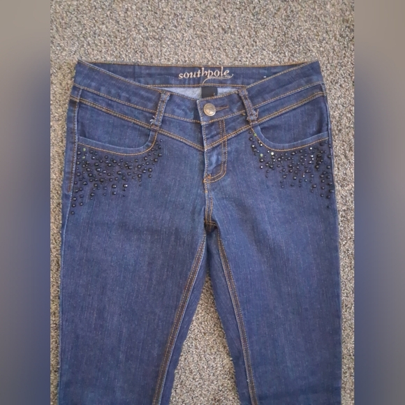 Vintage Y2K Southpole Low-Rise Rhinestone Jeans Dark Wash Skinny/ Straight Sz 5 - Picture 2 of 6